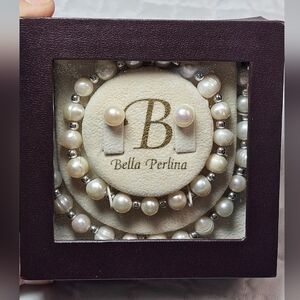 Bella Perlina Genuine Pearl Necklace Earrings Bracelet Jewelry Set NIB
